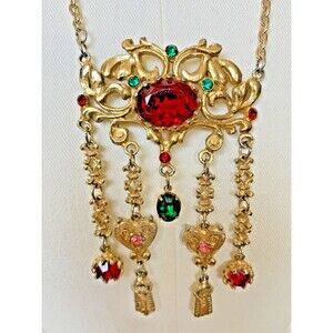 Vintage Lupé Signed Egyptian Revival Necklace Gold Tone Rhinestone Fringe